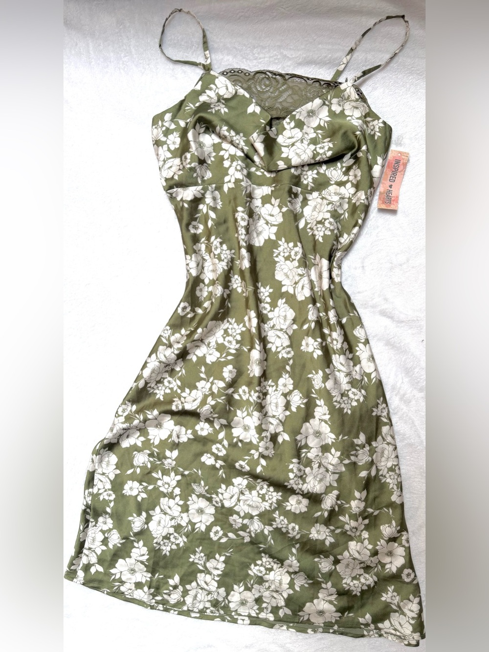 Inspired Hearts Olive Green Floral Slip Dress with White Print And Lace Size L